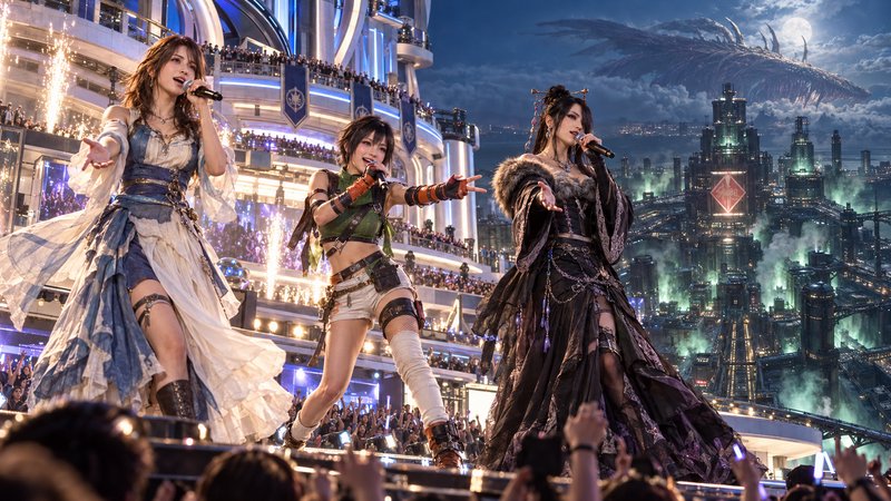 Three fantasy cosplay performers sing on a grand concert stage overlooking a futuristic steampunk city at night