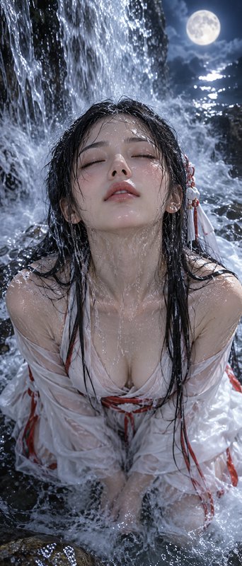 Young woman in wet sheer traditional dress kneels under a moonlit waterfall, eyes closed as water flows over her