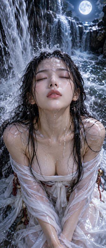 Young woman with closed eyes under a waterfall beneath a glowing full moon