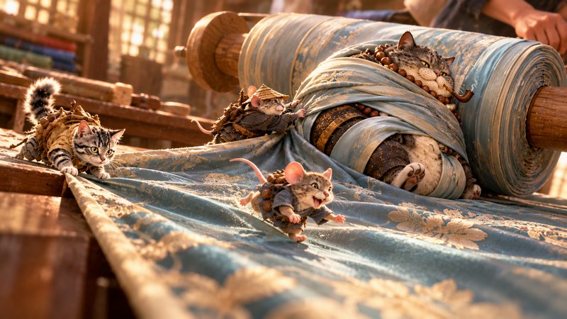 Tiny anthropomorphic worker cats struggle with a plump tabby stuck on a silk fabric roller in a tailor shop
