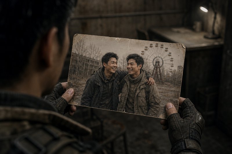 Person in worn tactical gloves holds a tattered old photo of two smiling friends by an abandoned Ferris wheel