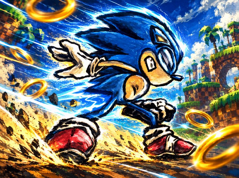 Sonic the Hedgehog sprinting at high speed past floating golden rings in Green Hill Zone