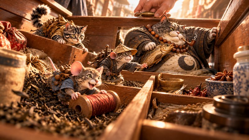 Whimsical anthropomorphic tabby cat traders explore open wooden market stall drawers at golden hour