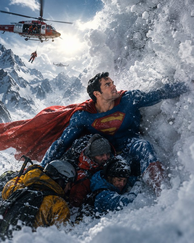 Superman shields stranded mountain climbers from an avalanche as rescue helicopters hover overhead