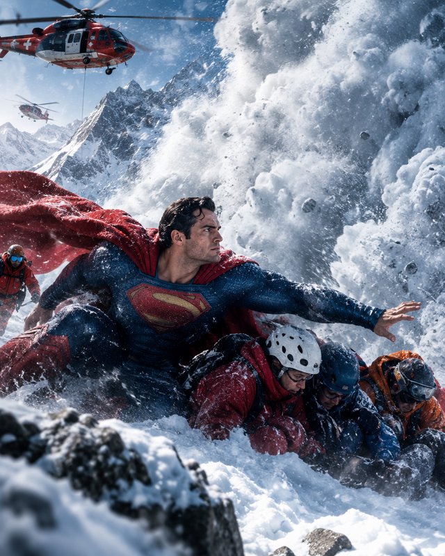 Superman shields endangered mountain climbers from a crashing alpine avalanche as rescue helicopters hover nearby