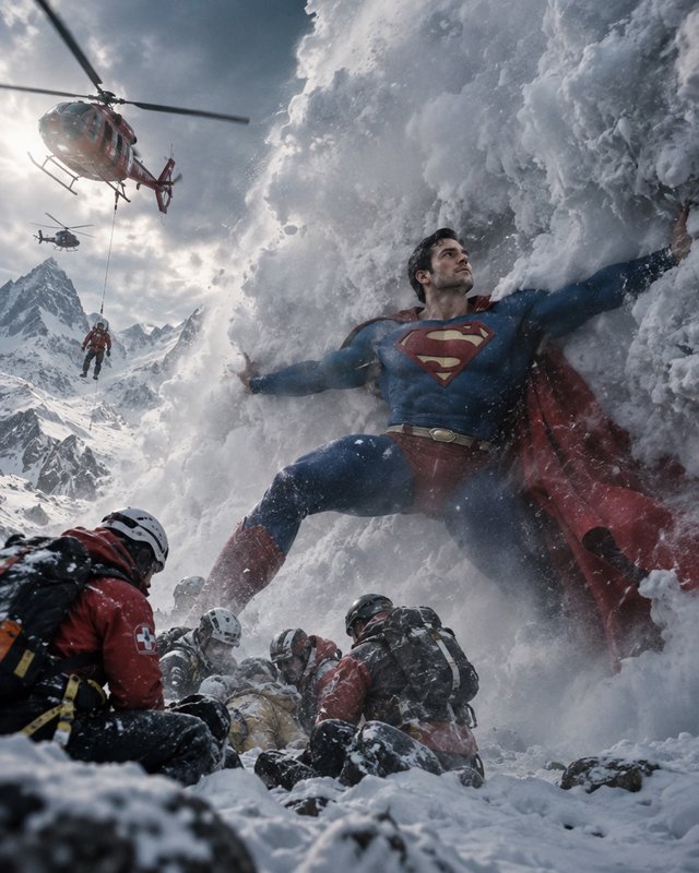 Superman bracing to stop a massive avalanche to protect mountain rescue crews on a snowy alpine peak
