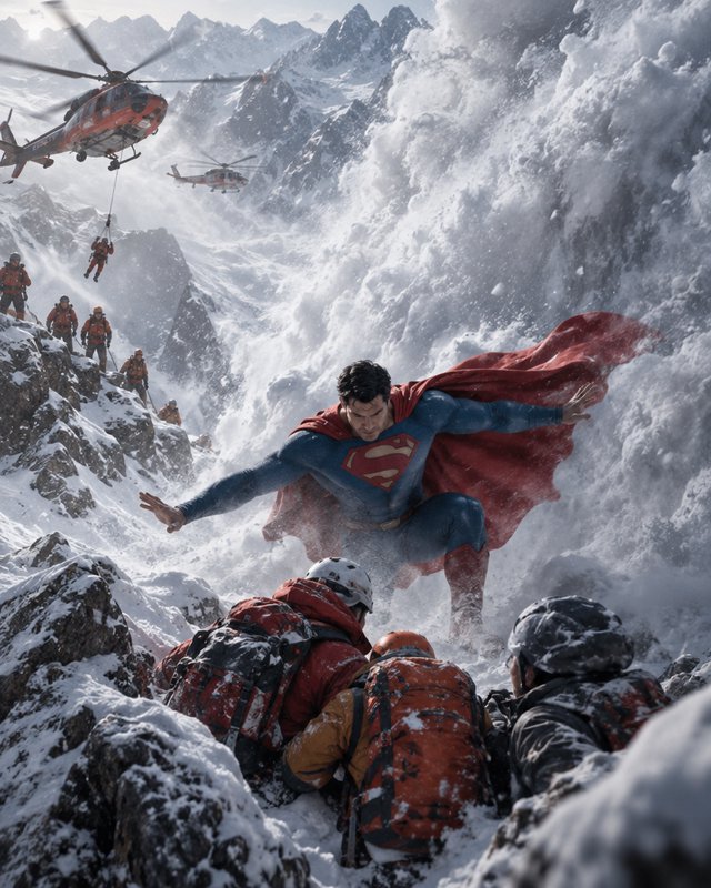 Superman stopping a massive snowy avalanche to save trapped mountain climbers on a rocky alpine peak
