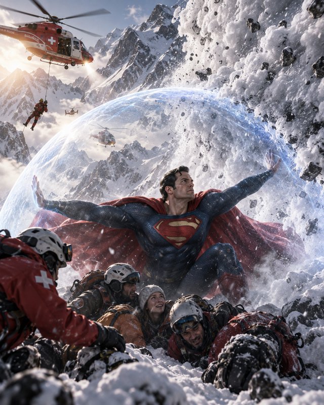 Superman uses an energy shield to protect climbers and rescuers from a crashing alpine avalanche