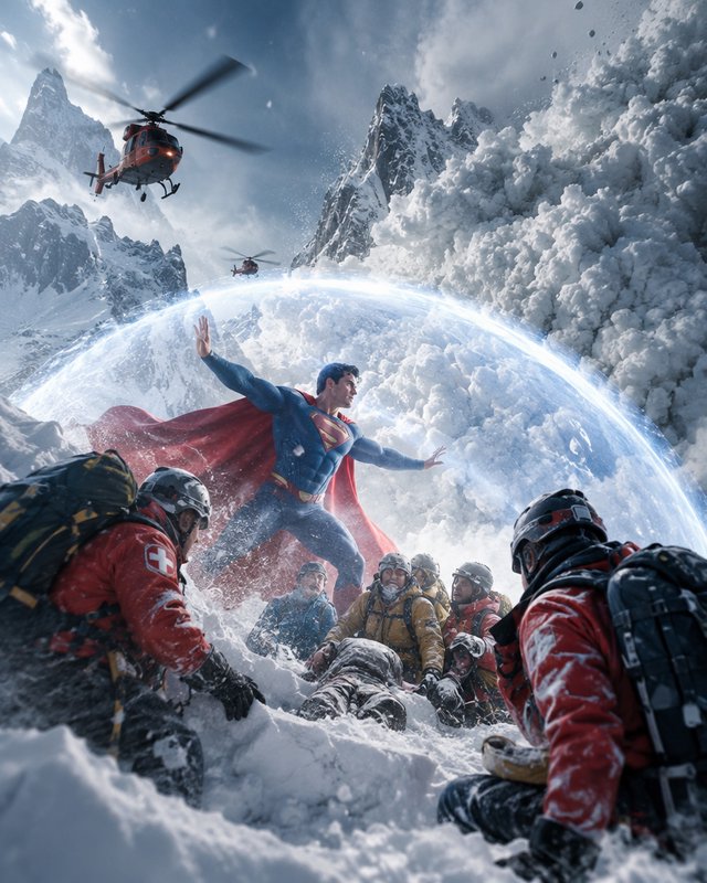 Superman generates an energy shield to block a massive avalanche and protect mountain rescuers on a snowy alpine peak