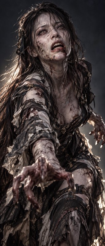 Bloodstained undead female figure reaches forward with clawed hands in tattered dark clothing