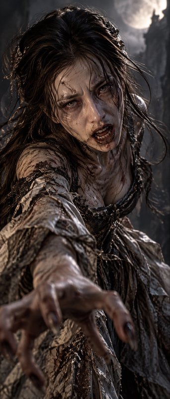 Gory undead female horror figure reaches menacingly toward the viewer under a dim full moon