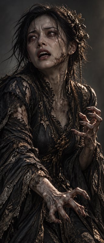 Distressed undead banshee woman in a tattered dark lace gown reaches out with gnarled hands