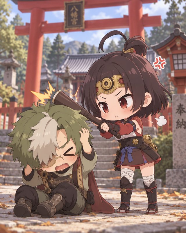 Angry chibi anime girl hitting a startled seated boy with a bat at a Japanese Shinto shrine