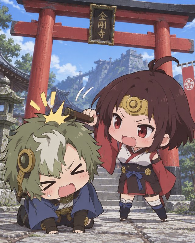 Chibi anime girl comically bonks a crying kneeling chibi boy outside a Japanese shrine torii gate