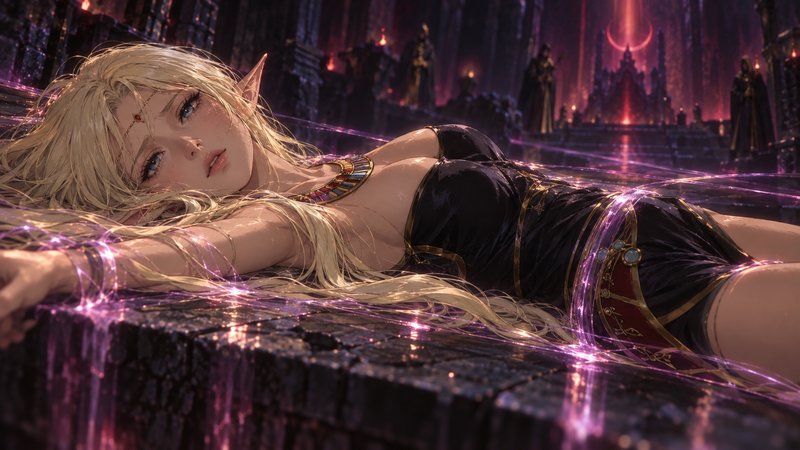 Blonde high elf bound by glowing purple magic lies trapped on a dark stone temple altar