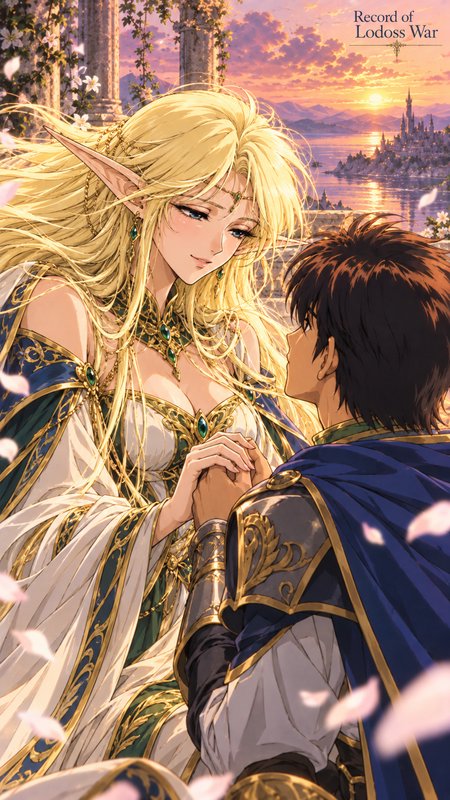 Blonde elven noble and human knight clasp hands on a terrace overlooking a fantasy kingdom at golden sunset
