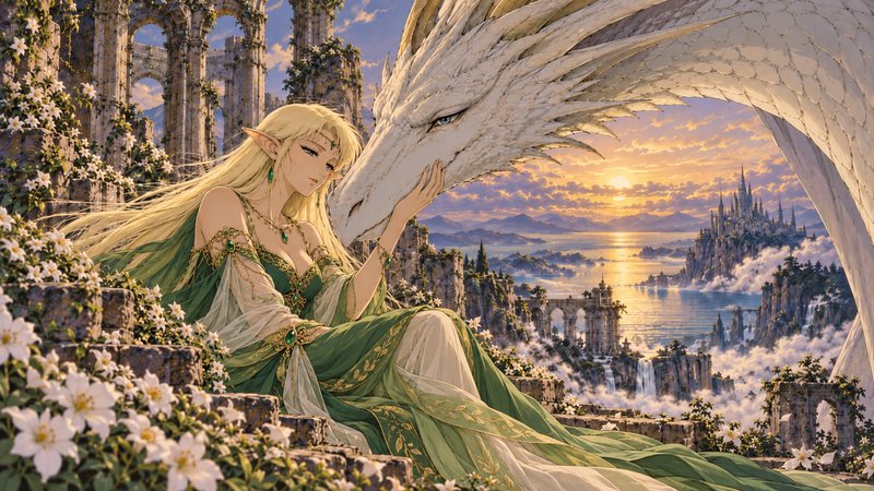 Blonde elven woman tenderly touching a large white dragon on flower-covered ruins at golden sunset