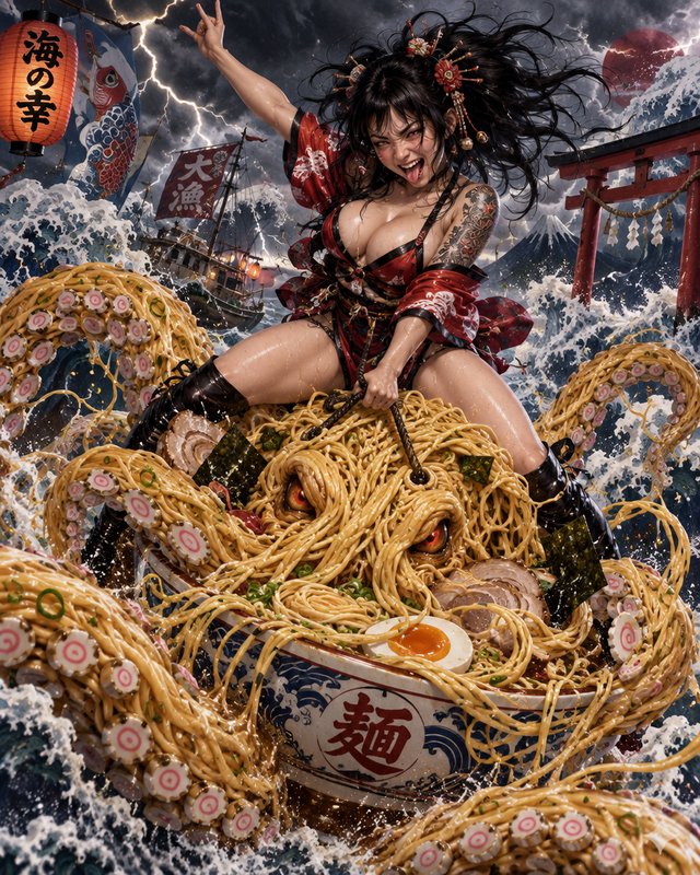 Fierce tattooed woman rides a giant ramen kraken through stormy Japanese ocean waves
