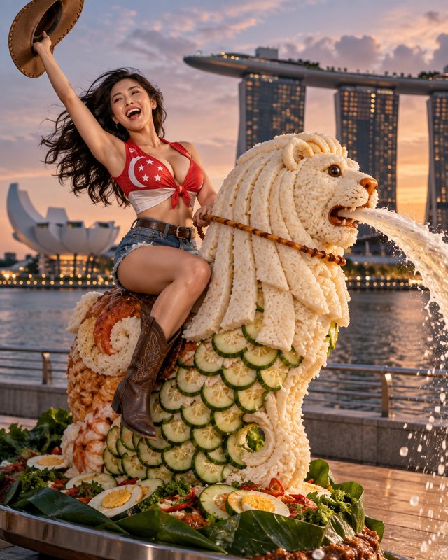 Joyful woman in a Singapore flag crop top rides an elaborate food Merlion at Marina Bay sunset