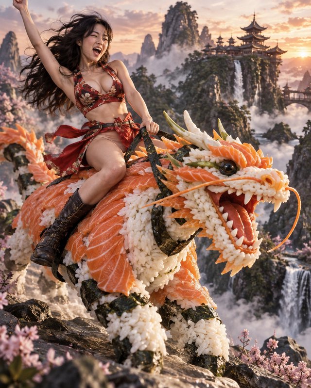 Cheerful woman rides a giant sushi dragon across misty fantasy East Asian mountains at golden sunset