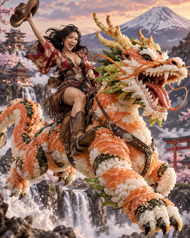 Cheerful cowgirl in fusion attire rides a giant sushi dragon against a scenic Mount Fuji sunset l...