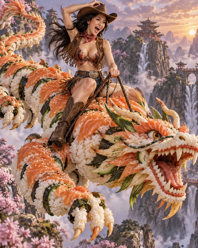 Laughing cowgirl rides a giant salmon sushi dragon above misty mountain pagoda peaks at golden sunset