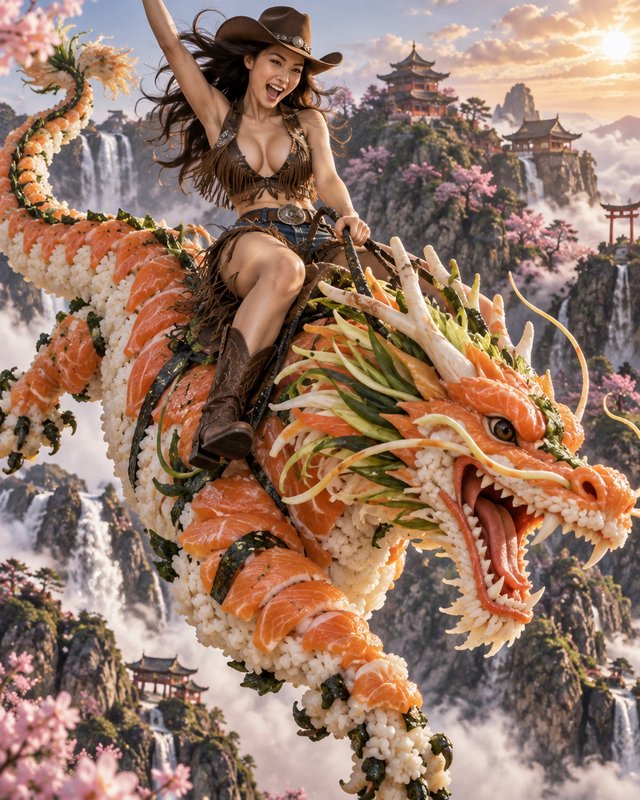 Cheering cowgirl rides a giant salmon sushi dragon above a misty fantasy mountain landscape