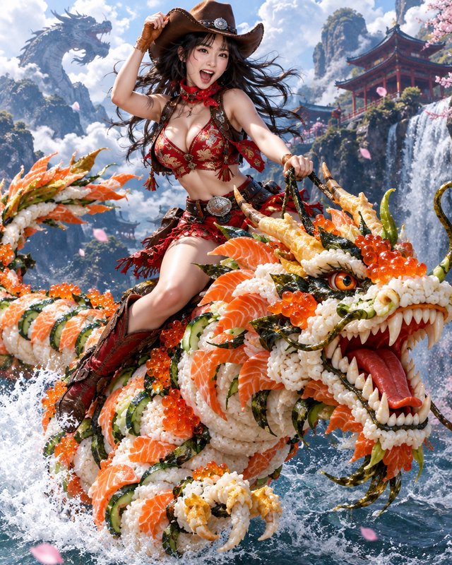 Cheerful anime cowgirl riding a giant sushi dragon across foamy water under a fantasy East Asian ...