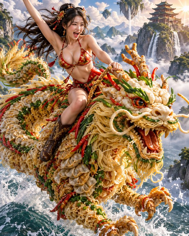 Joyful woman rides a noodle and dumpling oriental dragon above a misty fantasy mountain seascape