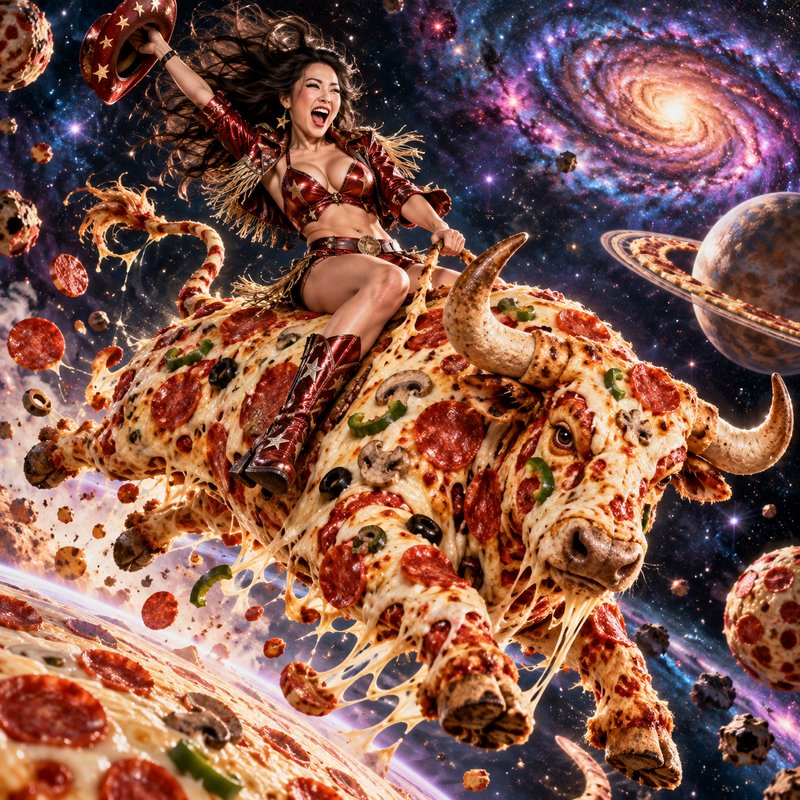 Joyful rodeo cowgirl riding a pepperoni pizza bull through a vibrant outer space galaxy