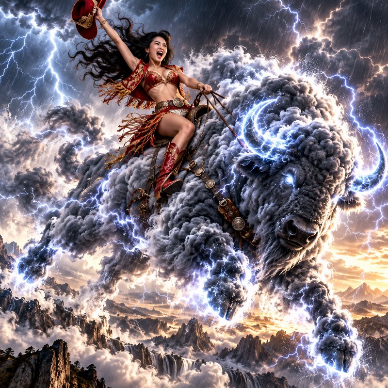 Joyful female rider holds her cowboy hat aloft while riding a lightning-wreathed cloud bison above stormy mountain peaks