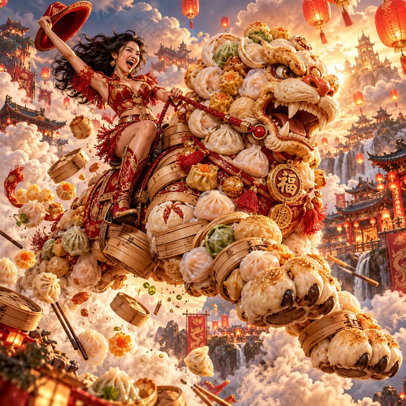 Joyful woman in red festival attire rides a dumpling lion dance creature above a fantasy Chinese sky city