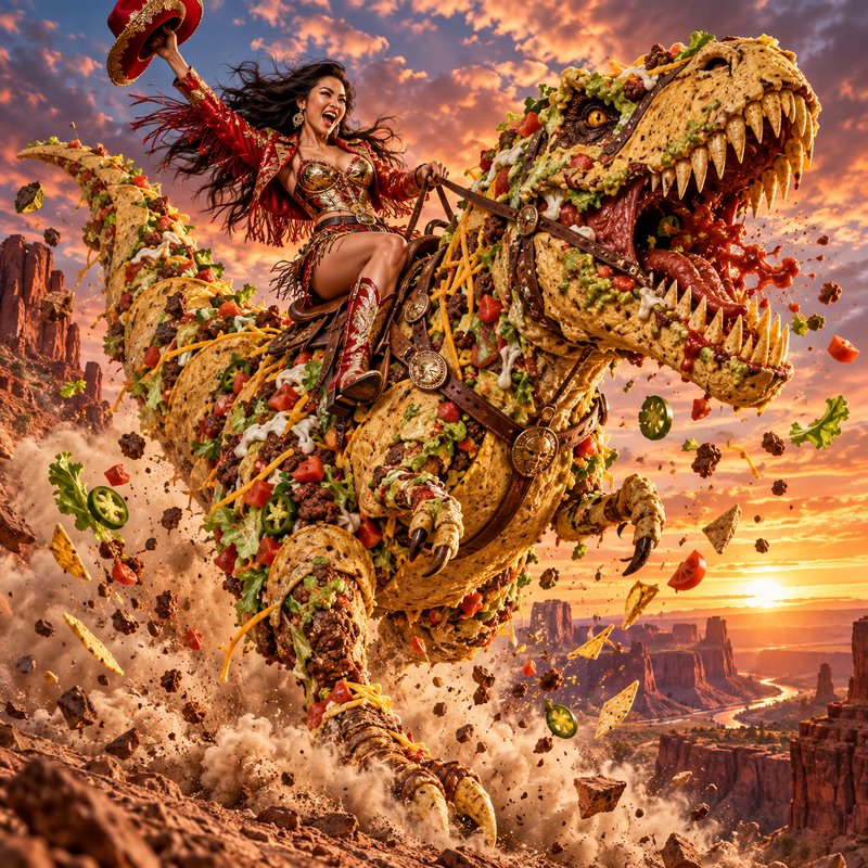 Exuberant cowgirl waves her hat while riding a taco T-rex galloping through a desert canyon at su...