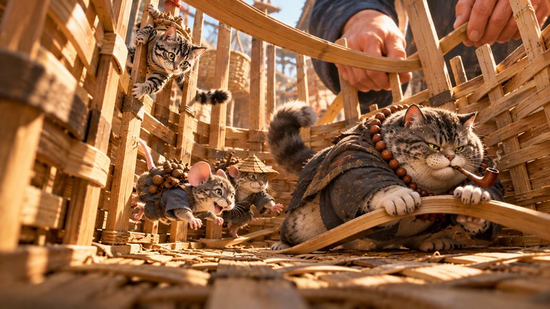 Anthropomorphic tabby cat characters navigate a woven bamboo cage as human hands adjust the struc...