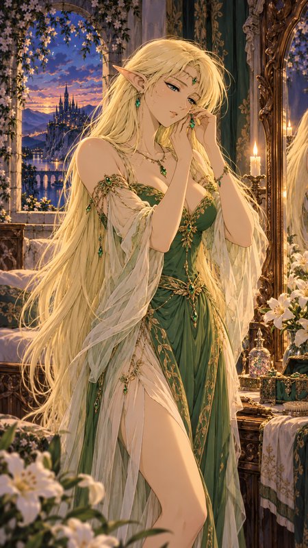 Graceful blonde high elf in an ornate green gown stands in a castle bedchamber overlooking a suns...