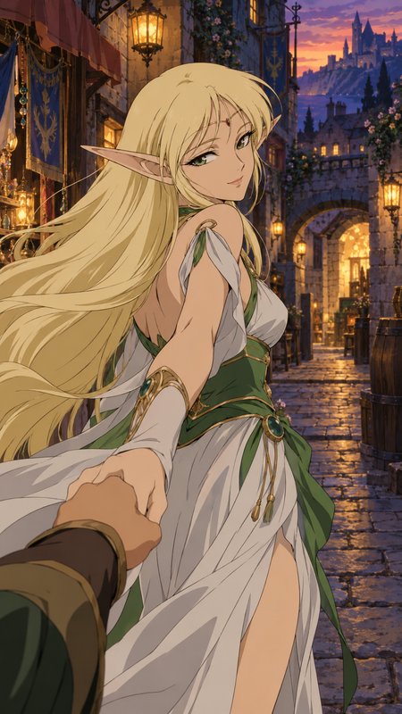 Blonde elf woman looks back while holding the viewer's hand on a sunset medieval fantasy street