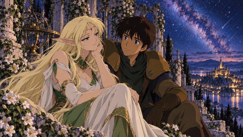 Blonde elf and human adventurer sit together under a starry sky overlooking a glowing fantasy castle