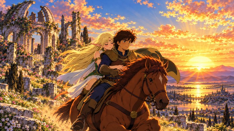 Fantasy anime knight and elven princess ride a chestnut horse past overgrown ruins at golden sunset