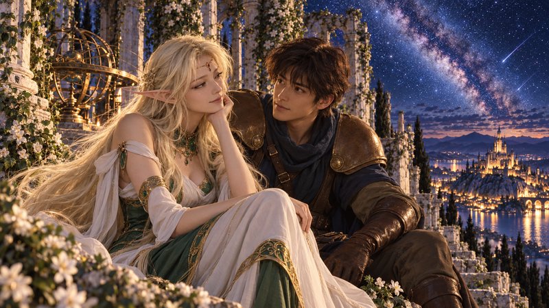 Elven princess and human knight share a tender quiet moment on a starry fantasy terrace above a g...