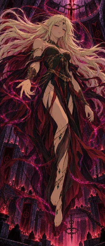 Long-haired blonde dark elf sorceress floats wreathed in glowing pink magic above a gothic demoni...