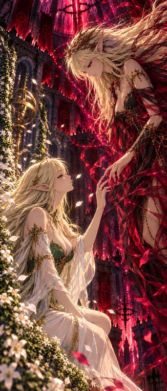 Two ethereal blonde elf women reach for each other inside a glowing gothic fantasy palace