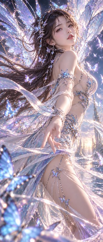 Ethereal crystal winged fairy reaches out, surrounded by glowing iridescent butterflies at sunset