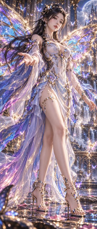 Ethereal fairy queen with shimmering iridescent butterfly wings extends a welcoming hand toward the viewer