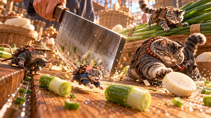Tiny anthropomorphic samurai cats dodge a giant cleaver chopping vegetables on a wooden market counter