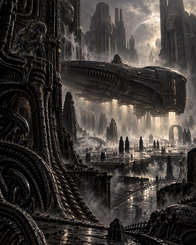 Massive biomechanical alien city with a hovering spacecraft rises above mist-shrouded wet walkways