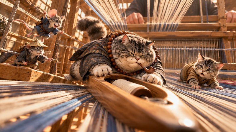 Plump grumpy tabby cat with a pipe works on a wooden loom alongside tiny anthropomorphic mouse and kitten companions