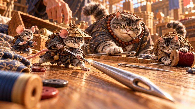 Tiny samurai tabby cat in a straw hat holds a sword against a giant sewing needle, surrounded by other costumed cats on a