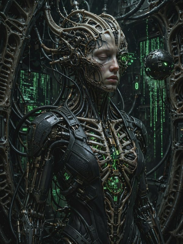 Intricate biomechanical female cyborg wired into a dark sci-fi control chamber with glowing green data feeds