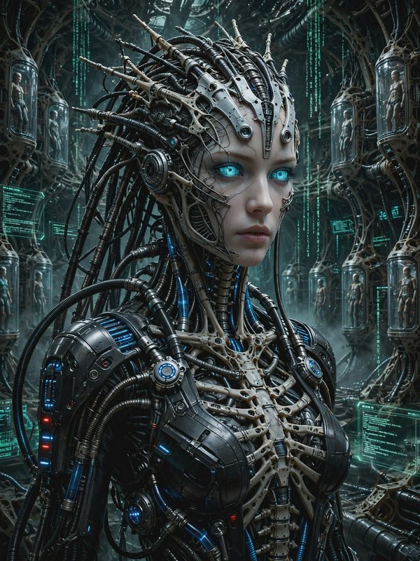 Female biomechanical cyborg with glowing blue eyes stands in a futuristic lab lined with stasis pods