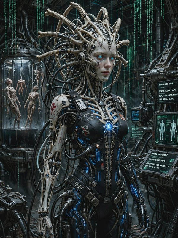 Heavily augmented female cyborg with glowing blue eyes stands in a gritty futuristic cybernetics lab